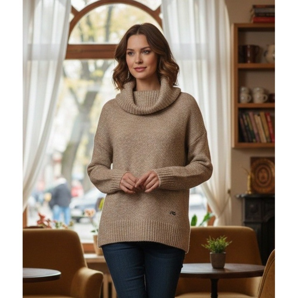 KJUS Women Cowl Neck Sweater Oxford Tan Melange Mohair Wool LC35-I03 Size 36 NWT